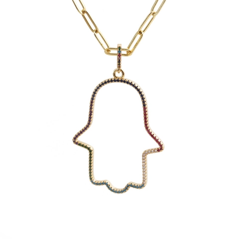 Hamsa Hand Anhänger Halskette Kupfer Vergoldet Bunte Zirkonia Böser Blick Büroklammerkette Boho Schmuck Für Damen
