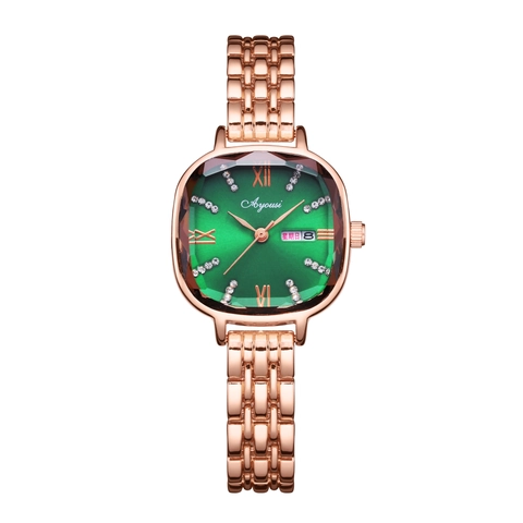 Elegante Damen Quarzuhr Quadratisches Zifferblatt Rhinstein Akzente Legierungsband Wasserdichte Kalender Armbanduhr