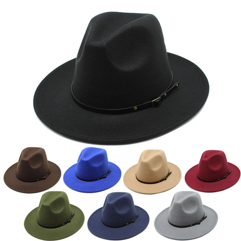 Fedora Hat Polyester Felt Wide Flat Brim Decorative Leather Belt Metal Buckle Retro British Style For Women Men