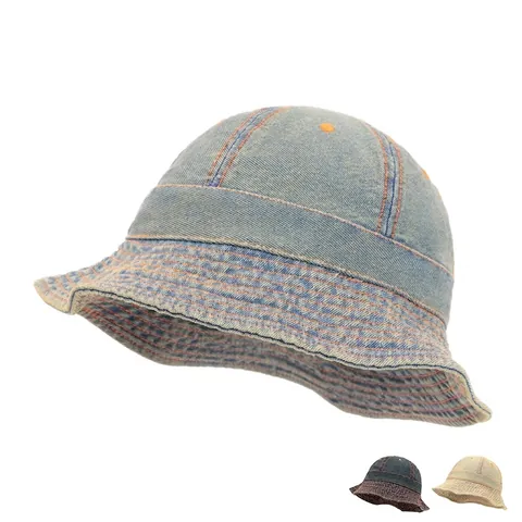 Bucket Hat Denim Washed Cotton Orange Contrast Stitching Wide Brim Retro Vintage Sun Shade Casual Streetwear Women