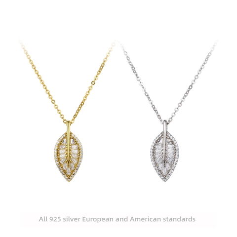 Collar de Colgante de Hoja de Plata de Ley S925 para Mujer Tendencia Incrustada de Circonia Patrón de Planta Joyería Regalo