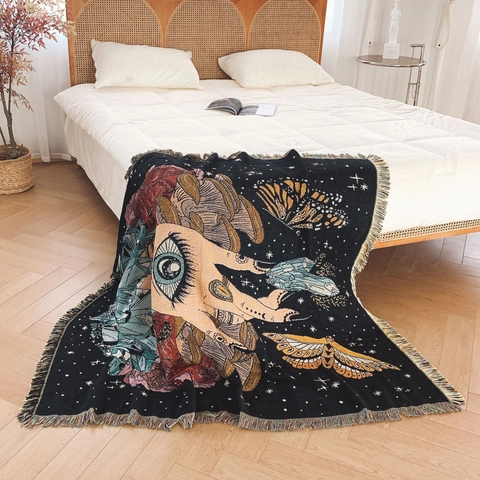 Coperta In Cotone Lavorato A Maglia Boemia Motivo Mano Mistica Occhio Frange Copridivano Tappeto Picnic Arredamento