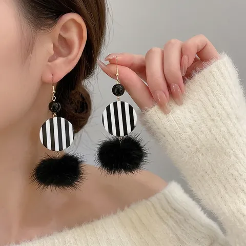 Retro Black White Striped Drop Earrings With Faux Fur Pom Pom Alloy Hook Geometric Dangle Jewelry For Women