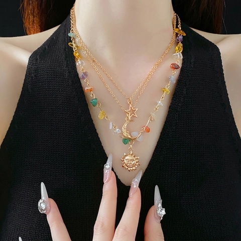 Collier Multi Rangs Or Alliage Pendentifs Soleil Lune Étoile Pierres Colorées Bijoux Bohème Pour Femmes