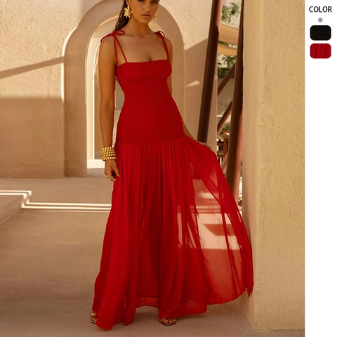 Abito Maxi Con Corpino Arricciato E Spalline Da Annodare Con Spacco Alto Elegante Tubino Lungo Senza Maniche Da Donna