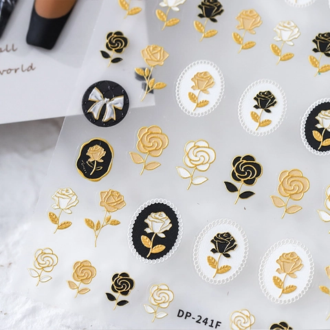 3D Reliëf Nagelstickers Bronzing Roos Bloem Strik Beer Ultradun Zelfklevend Decals Frans Retro Decoratie