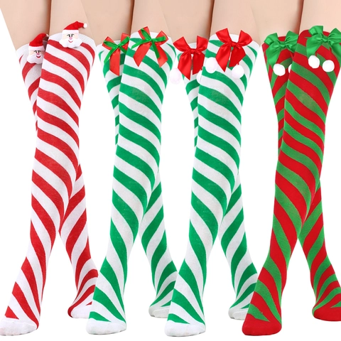 Christmas Over The Knee Socks Striped Thigh High Polyester Knit Plush Santa Reindeer Bowknot Decoration For Holiday Party