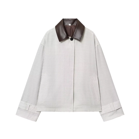 Women Short Plaid Jacket With Faux Leather Collar Patchwork Long Sleeve Zip Up Casual Outerwear Windbreaker