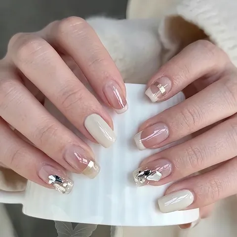 Handgefertigte Künstliche Fingernägel Strass Dekoration Französisch Blush Pink Farbverlauf Lange Coffin Falsche Nägel Damen