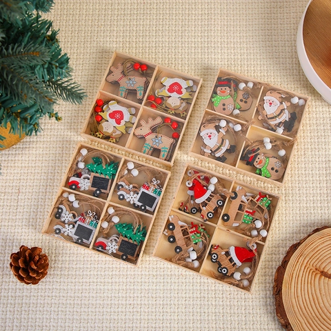 Christmas Wooden Hanging Ornaments Cartoon Santa Snowman Reindeer Tree Car Wood Charms For Holiday Home Tree Decorations