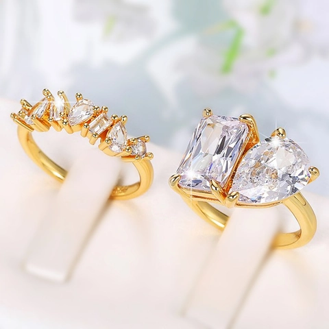 Toi Et Moi Ring Damen Kupfer Zirkon Birne Smaragd Schliff Geometrisch Doppelstein Funkelnder Finger Schmuck Elegant Geschenk