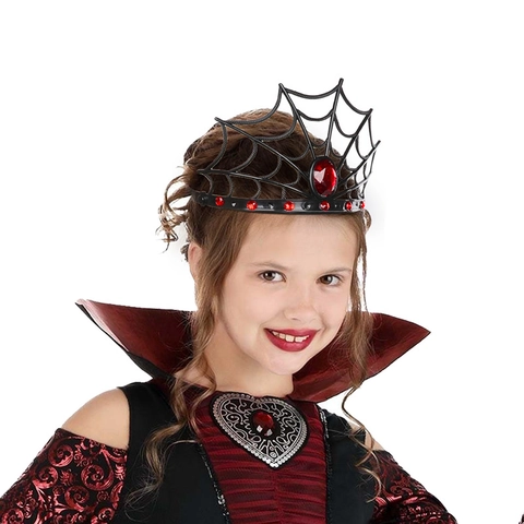 Cerchietto Corona Regina Ragnatela Gotico Halloween Accessorio Costume Plastica Strass Rossi