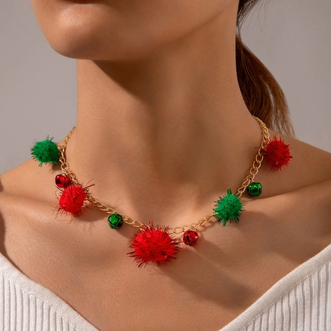 Christmas Bell Necklace Alloy Red Green Pom Poms Bow Pendant Clavicle Chain Holiday Jewelry Women