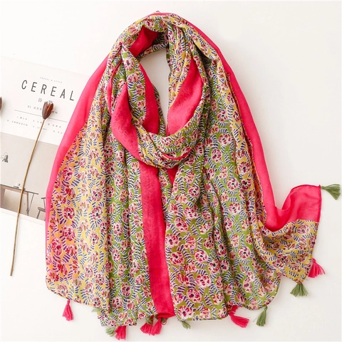 Women Floral Print Scarf With Tassels Bohemian Lightweight Polyester Voile Shawl Sunshade Long Wraps