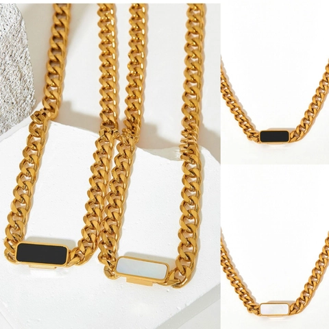 Collier En Acier Inoxydable Maille Gourmette Avec Pendentif Rectangulaire En Émail Coquille Plaqué Or Bijoux Hip Hop Pour Femmes