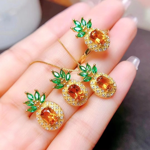 Pineapple Jewelry Necklace Pendant Adjustable Ring And Stud Earrings Copper Gold Plated Colorful Gemstone For Women