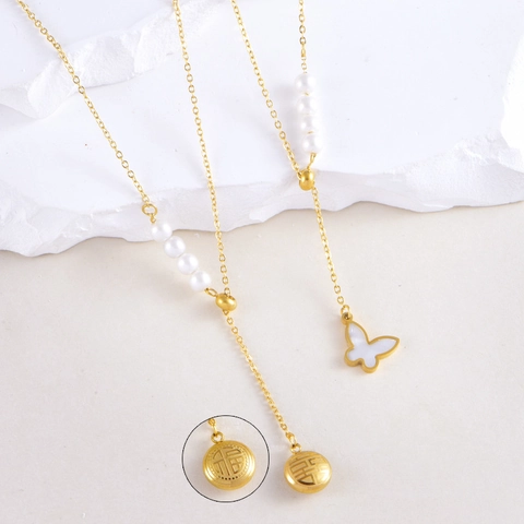 Collana Stile Coreano Acciaio Inossidabile Farfalla Perla Artificiale Nappa Oro Placcato Pendente Rotondo Doppia Faccia Donna Gioielli