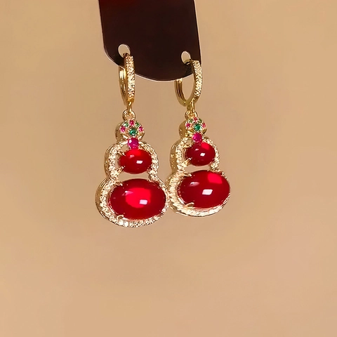 Orecchini A Goccia Gourd Placcati Oro 14K Con Resina Rossa Zirconia Stile Cinese Vintage Gioielli Donne