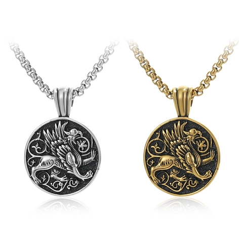 Collana Pendente Grifone Acciaio Inossidabile Moneta Tonda Rilievo Totem Mitologico Gioielli Retro Per Uomo Catena Box