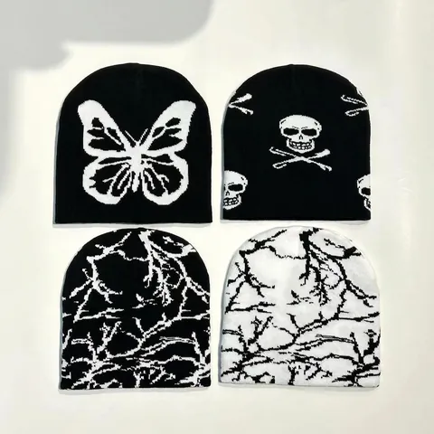 Y2K Strickmütze Beanie Schmetterling Totenkopf Muster Acryl Warm Streetwear Unisex Winter Kopfbedeckung