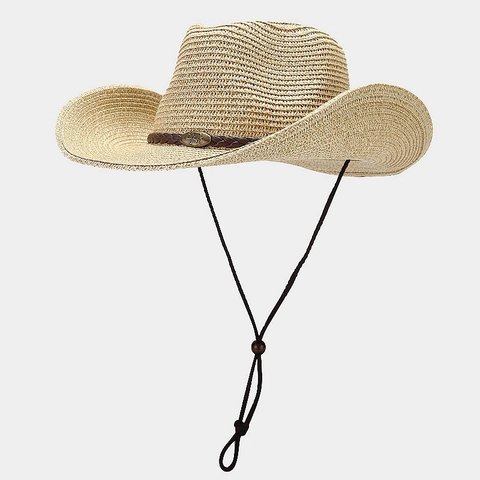 Western Cowboy Straw Hat Wide Brim Sun Protection Breathable Outdoor Beach Hat With Adjustable Windproof Rope Unisex