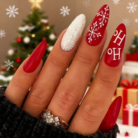 Uñas Postizas De Navidad Plástico ABS Larga Almendra Rojo Blanco Copo De Nieve Brillo Mate Ho Ho Mujeres Festivo