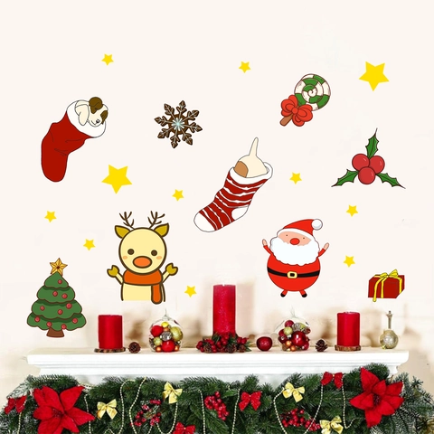 Adesivi Murali Di Natale Cartone Animato Babbo Natale Renna PVC Removibili Decalcomanie Per Soggiorno Camera Letto Finestra Decorazione Vetro Colorato