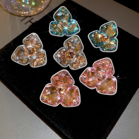 Elegante Legierung Rosa Strass Blume Ohrstecker Für Damen Süße Florale Kristall Diamant Ohrringe Silber Stift Schmuck Geschenk