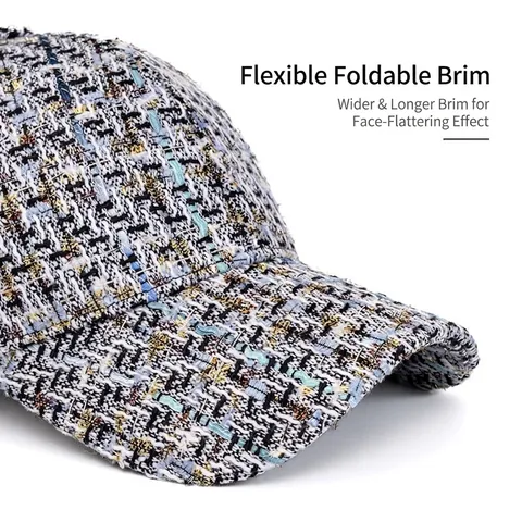 Gorra De Béisbol De Tweed Para Mujer Elegante Cuadros Tejido Mixto Otoño Invierno Moda Ajustable Retro Visera Curva Sombrero