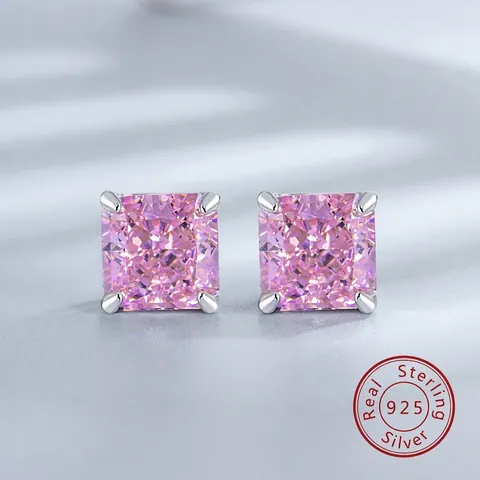 925 Sterling Silver Square Stud Earrings For Women Princess Cut Rhinestone Geometric Pink Blue Yellow Inlaid Jewelry