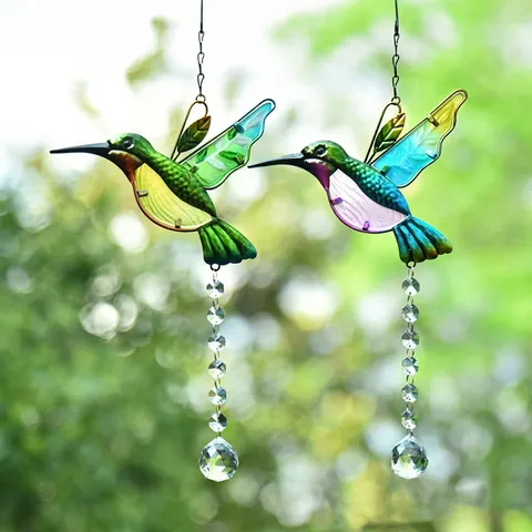 Hummingbird Suncatcher Crystal Prism Rainbow Maker Window Hanging Ornament Colorful Painted Glass Metal Garden Decor