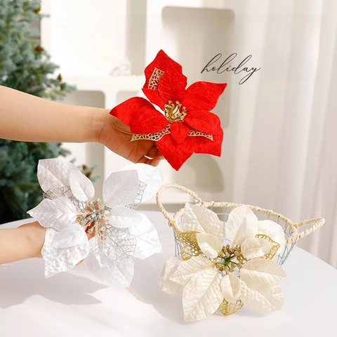 Artificial Christmas Poinsettia Flowers Glitter Hollow Fabric Plastic Sparkly Christmas Tree Ornaments Holiday Party Home Decor