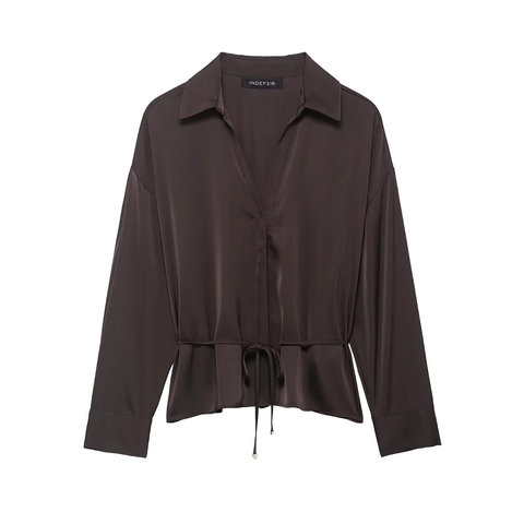 Women Satin Blouse Long Sleeve Button Down Shirt Satin Texture Drawstring Waist Elegant Solid Color Fashion Top