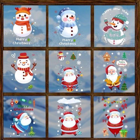 Christmas Window Stickers Static Cling Pvc Reusable Santa Snowman Double Sided Holiday Home Glass Decor Cartoon Festive