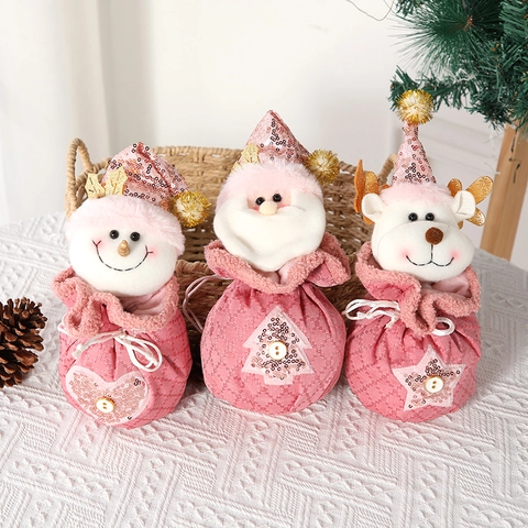 Pink Christmas Gift Bags Plush Sequin Drawstring Pouches Cartoon Santa Snowman Reindeer Holiday Party Decor