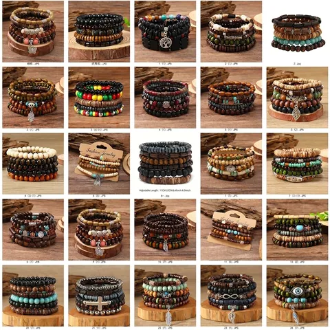 Bohemian Wood Bead Bracelet Alloy Charm Butterfly Tree Of Life Vintage Ethnic Layered Elastic Handmade Wristband