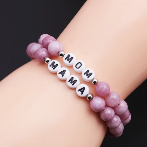 Handmade Natural Stone Beaded Bracelet With MOM MAMA Letter Beads Pink Natural Stone Bracelet For Mother Day Women Jewelry Gift