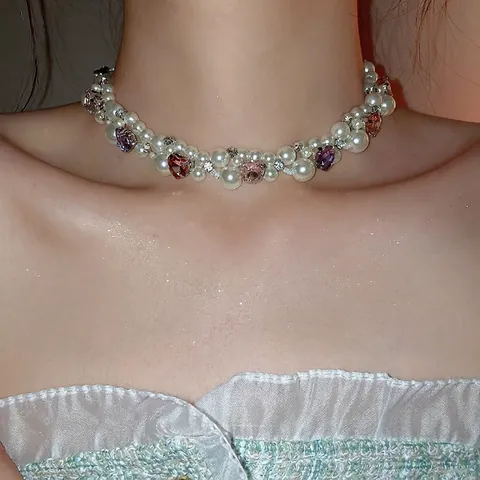 Heart Crystal Imitation Artificial Pearl Beaded Necklace Copper Rhinestone Clavicle Chain Elegant Sweet Vintage Jewelry Women