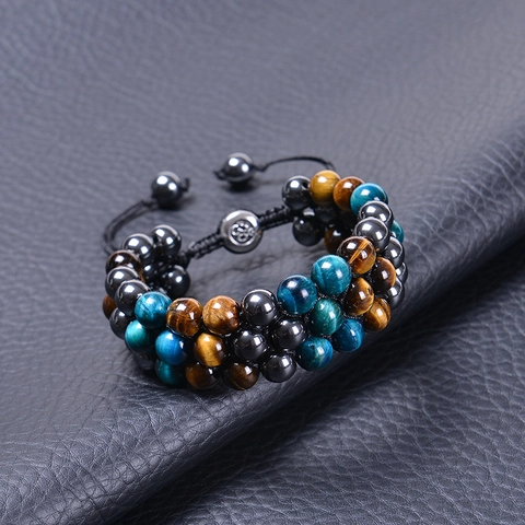 Triple Layer Natural Tiger Eye Hematite Obsidian Stone Beaded Woven Bracelet Adjustable Unisex Protection