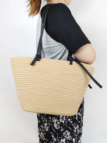 Woven Cotton Rope Tote Bag Large Capacity Shoulder Handbag With Black Straps Minimalist Vacation Beach Style For Women