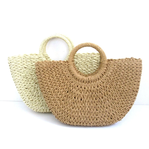 Semicircle Straw Woven Handbag Paper Rope Round Handle Shoulder Bag For Women Beach Vacation Casual Fashion Style
