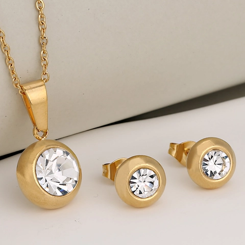Stainless Steel Round Rhinestone Birthstone Pendant Necklace And Stud Earrings Jewelry For Women Simple Elegant Luxury