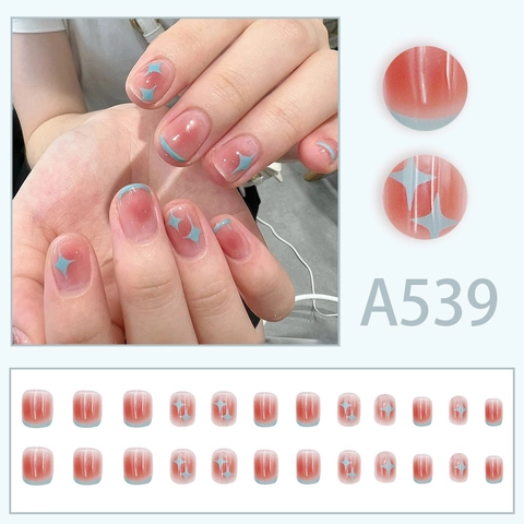 Press On Nagels Franse Blush Roze Gradiënt Met Stermotief Korte Ronde Kunstnagels Voor Dames Zoete Y2K Stijl Hars Manicure