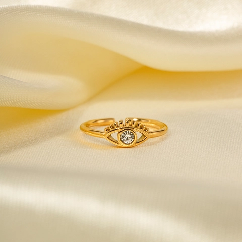 Gold Plated Stainless Steel Evil Eye Open Ring For Women Adjustable Rhinestone Inlaid Minimalist Fashion Jewelry Ring