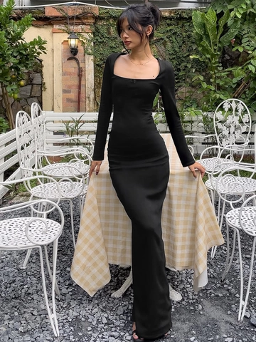Women Sexy Slim Fit Maxi Dress Long Sleeve Square Neck Solid Black Polyester Elegant Socialite Party Clubwear Bodycon