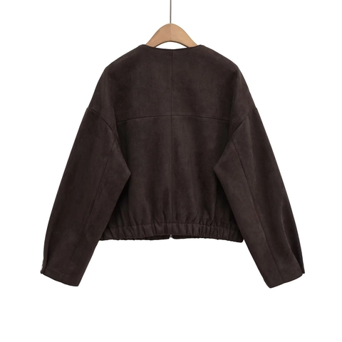 Women's Casual Faux Suede Jacket Round Neck Solid Color Zip Up Short Outerwear Drop Shoulder Long Sleeve Coat Streetwear Coffee
