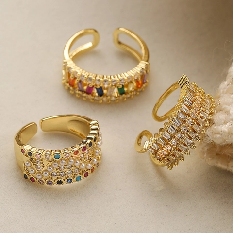 Geometric Copper Gold Plated Adjustable Open Ring With Colorful Zircon And Imitation Artificial Pearl Fashion Jewelry For Women