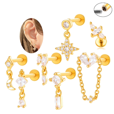 Lip Studs Ear Cartilage Piercing Jewelry Copper Cubic Zirconia Heart Star Moon Flat Back Titanium Rod Trendy Women