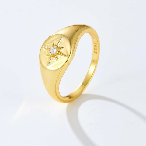 Anello Sigillo Argento Sterling 925 Stella Polare Zirconia Minimalista Lucido Elegante Gioielli Impilabili Per Donne