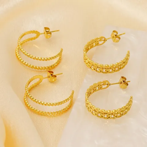 Pendientes De Aro En Forma De C Resistentes Al Deslustre De Acero Inoxidable Dorado Doble Capa Cadena Hueca Y Cuentas
